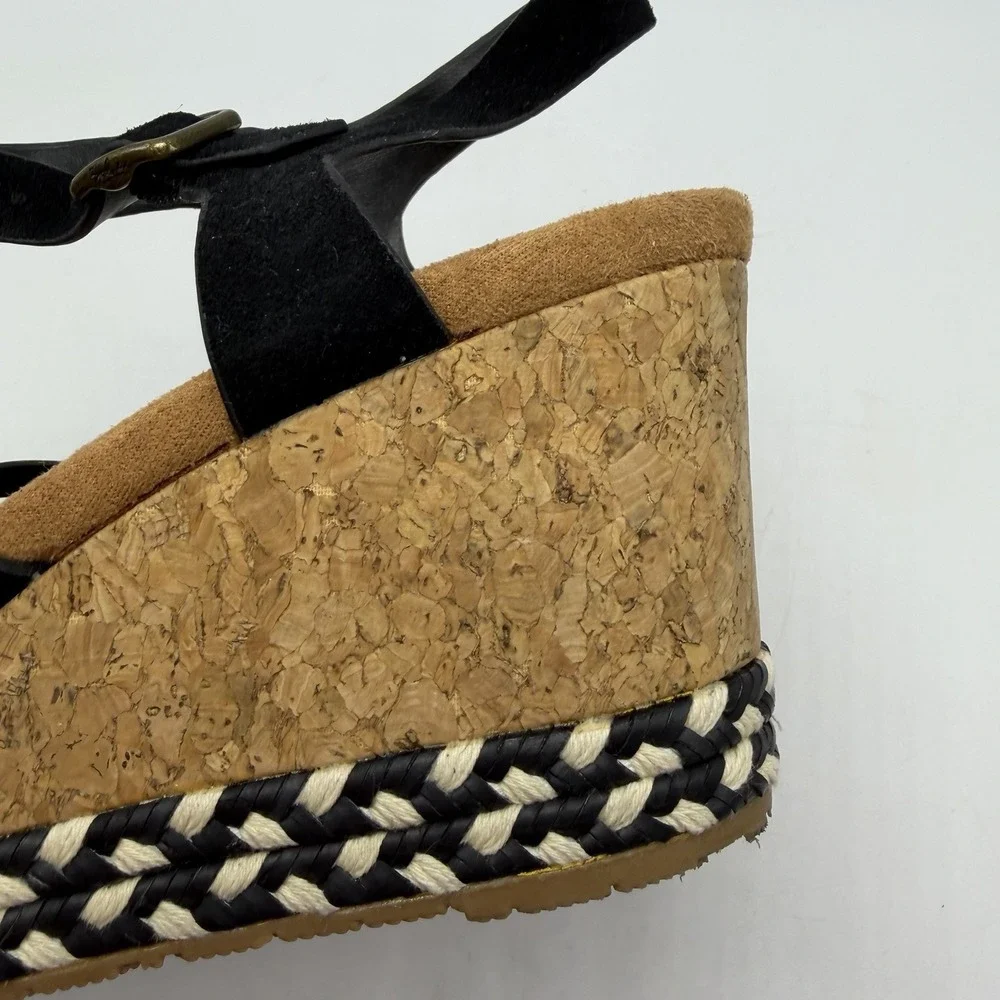 Zodiac Sandals Womens 10 M Paola Black Leather Wedge Espadrilles Cork Wedge